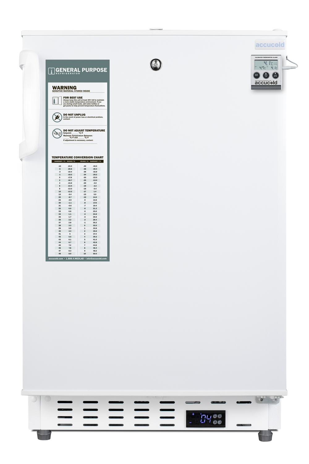 Built-in undercounter ADA compliant +2 C to +8 C all-refrigerator in white with lock, digital controls, wire shelving, hospital cord with 'green dot' plug, NIST calibrated thermometer with alarm, and automatic defrost operation